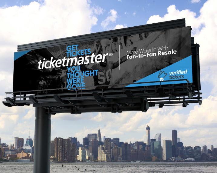 Ticketmaster billboard reading "Thought we were gone?"
